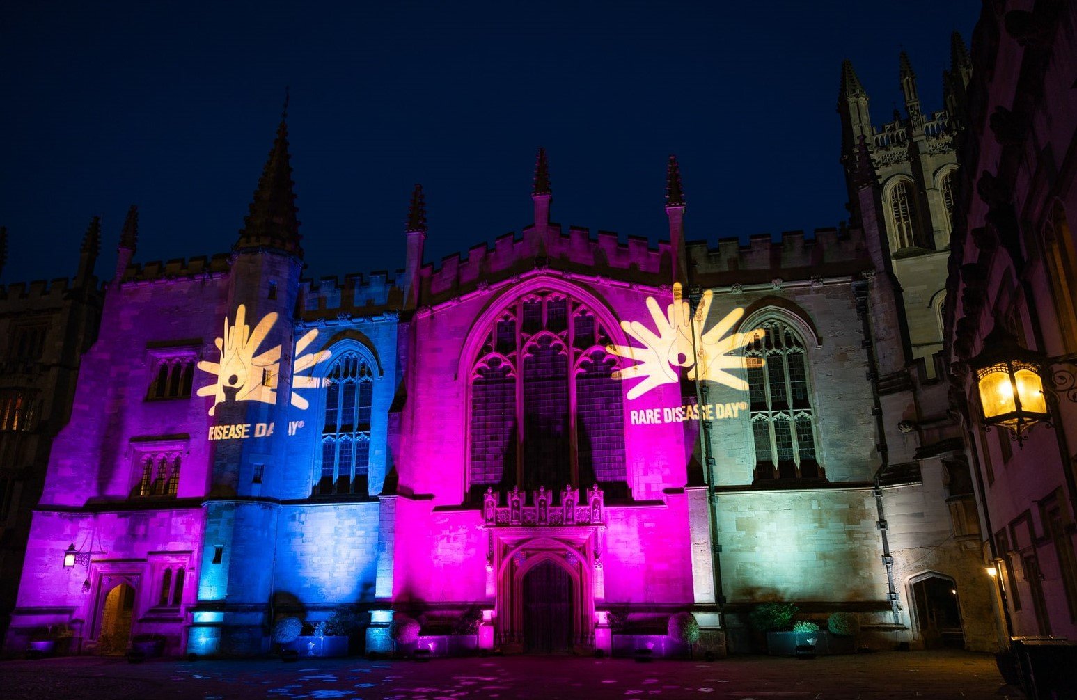 Rare Disease Day lights on Magdalen College Chapel, Oxford, 2025