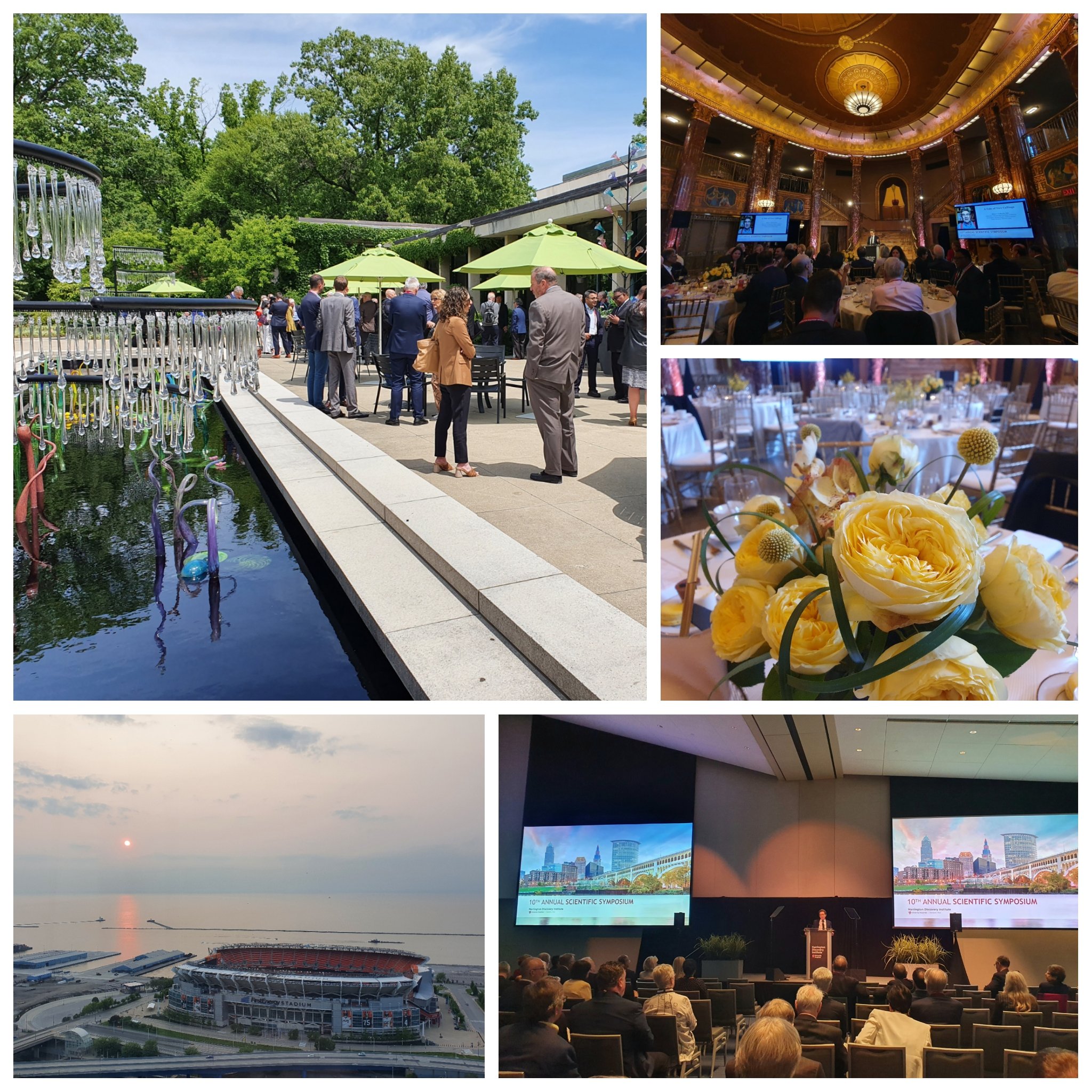 Photo montage showing conference delegates networking outdoors, the interior of Severance Hall, a close-up of a floral table centrepiece, the Cleveland Browns' football stadium and the symposium stage and lectern