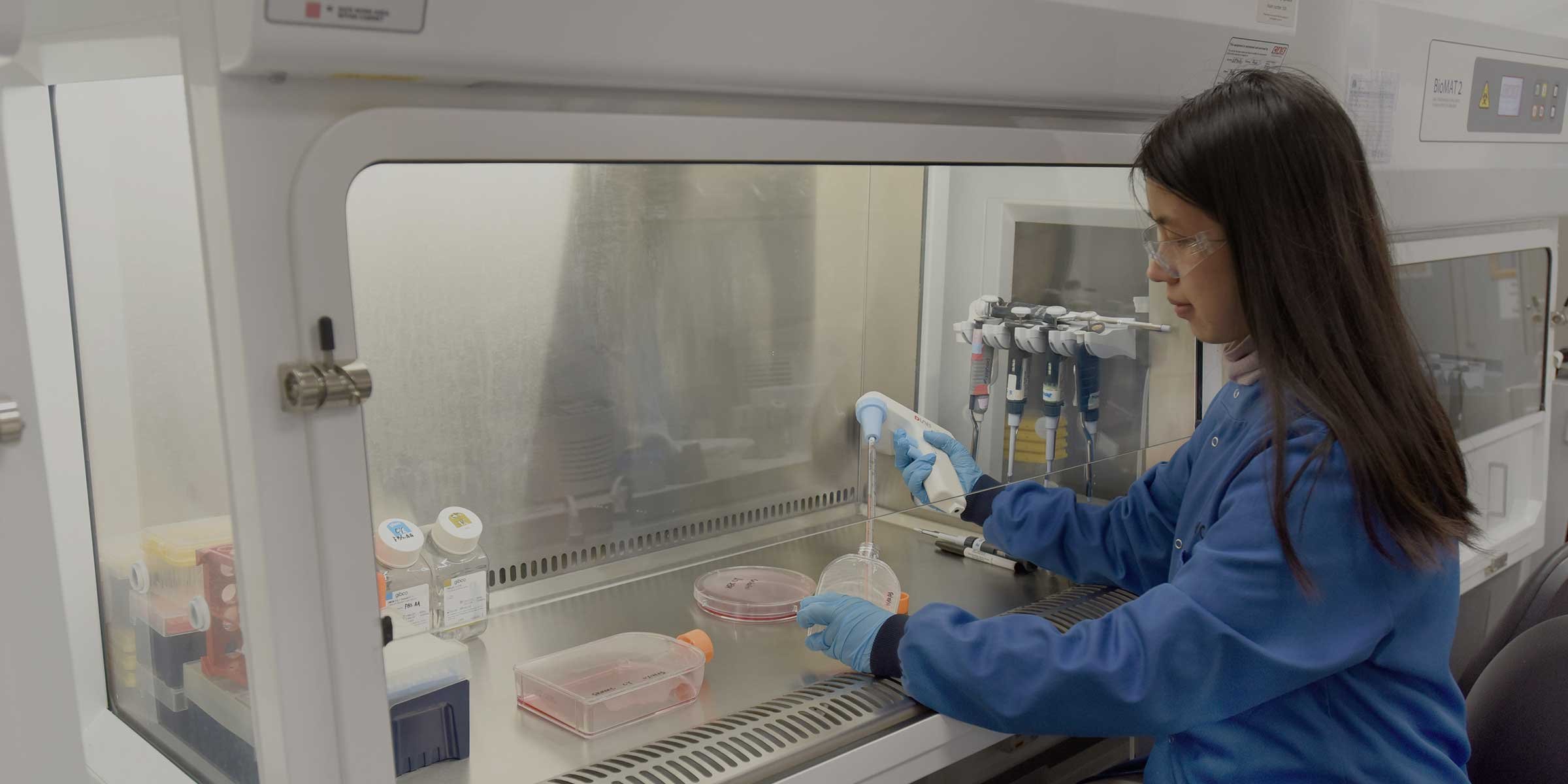 A scientist wearing a lab coat and gloves pipettes liquid inside a laboratory fume cupboard, surrounded by scientific equipment
