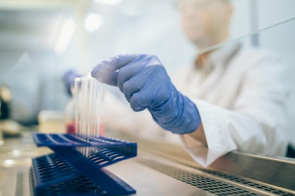 A scientist in the lab touches glass equipment